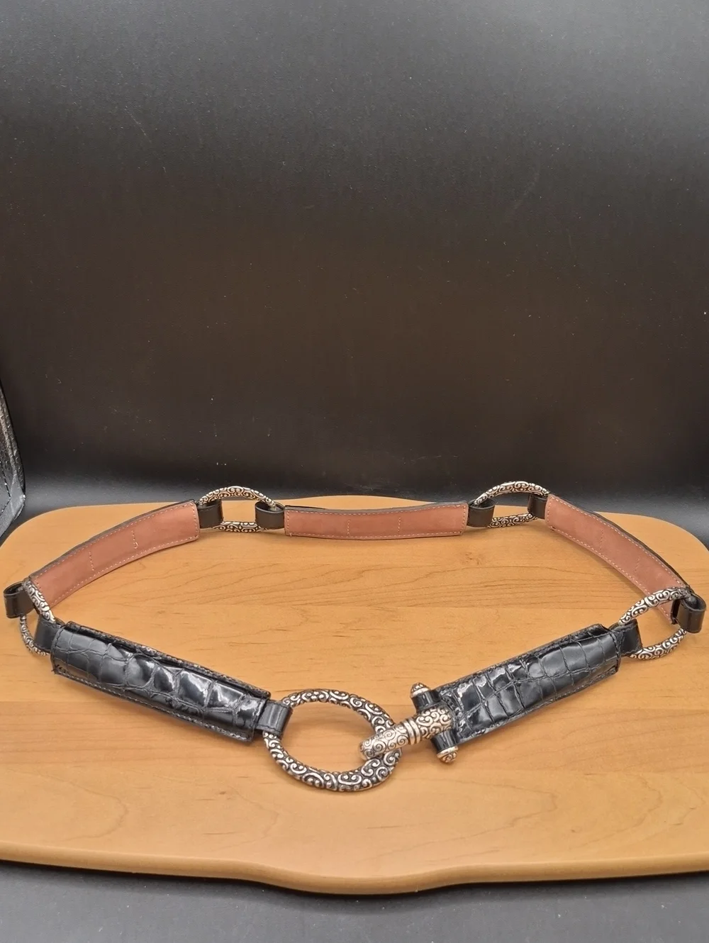 Vintage Brighton B60193 Black Croc Patent Leather Hook Belt Size 34